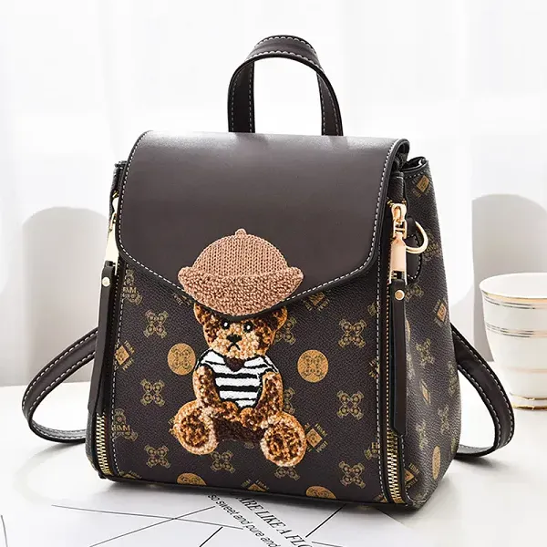 Teddy Bear Patch Monogram Print Backpack