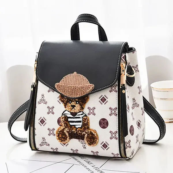 Teddy Bear Patch Monogram Print Backpack