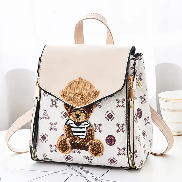 Teddy Bear Patch Monogram Print Backpack