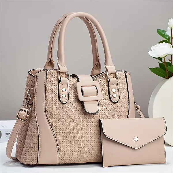 Textured Woven Style Handbag and Pouch Set