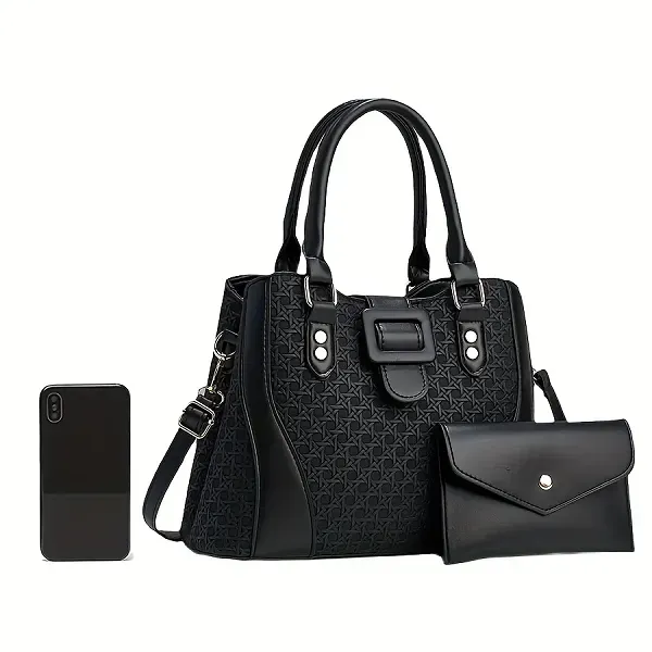 Textured Woven Style Handbag and Pouch Set