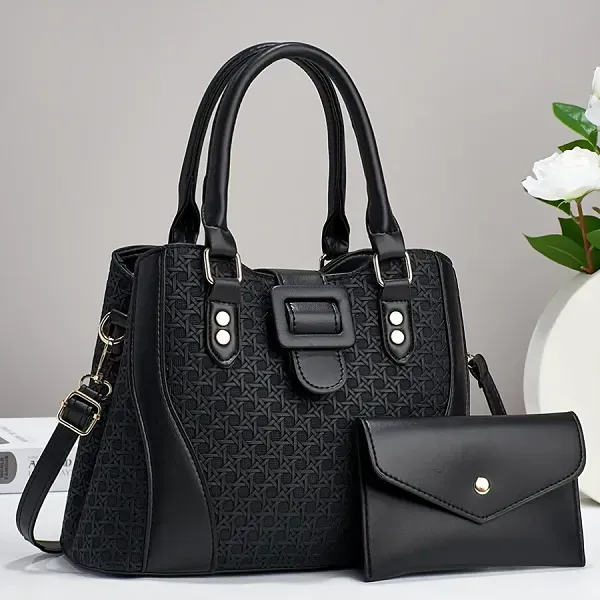 Textured Woven Style Handbag and Pouch Set