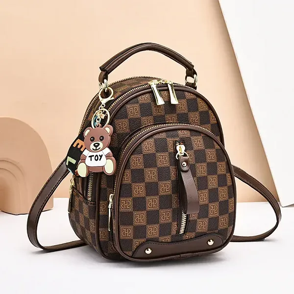 Check Pattern Zip Closure Adjustable Strap Women Mini Backpack