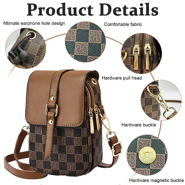 Stylish Checkered Pattern Adjustable Strap Zip Closure Mini Crossbody Bag