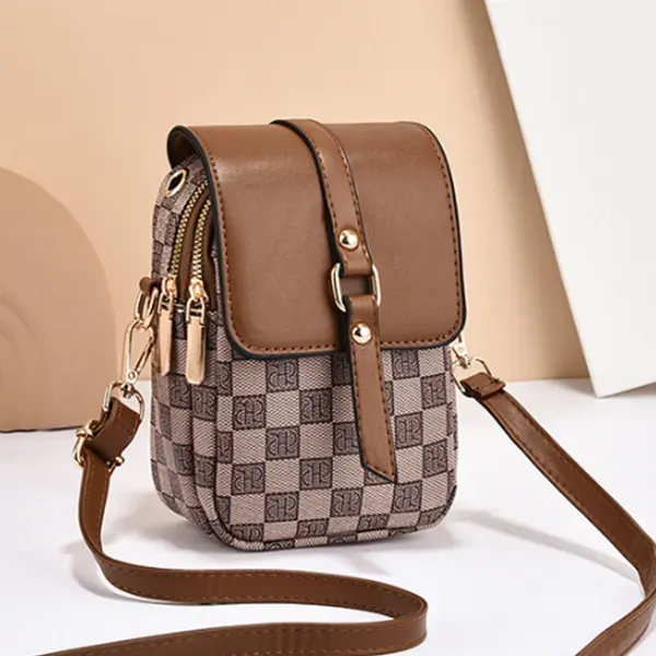 Stylish Checkered Pattern Adjustable Strap Zip Closure Mini Crossbody Bag