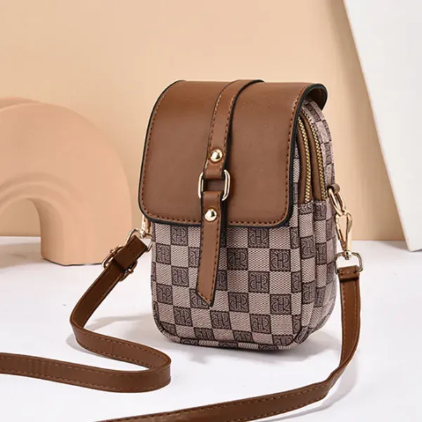Stylish Checkered Pattern Adjustable Strap Zip Closure Mini Crossbody Bag