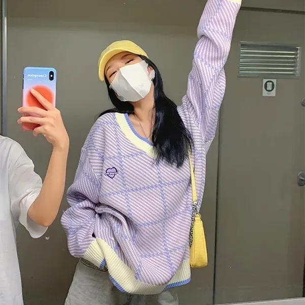 Thumbnail of Trendy Argyle V-Neck Knit Sweater - Oversized Purple Jumper