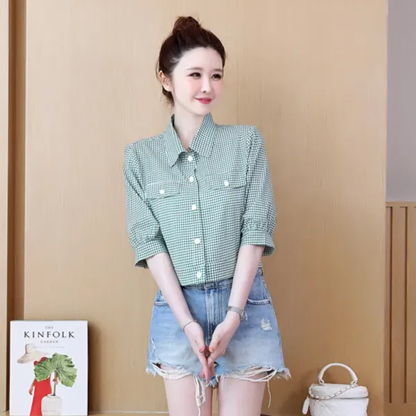 Lightweight Gingham Pattern Button-Up Mini Shirt Top