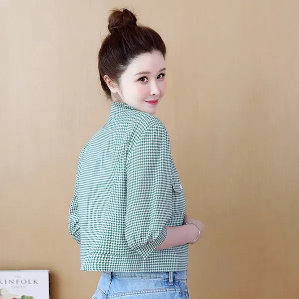 Lightweight Gingham Pattern Button-Up Mini Shirt Top