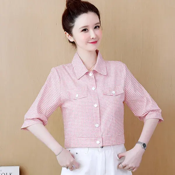 Lightweight Gingham Pattern Button-Up Mini Shirt Top