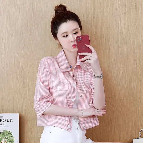 Lightweight Gingham Pattern Button-Up Mini Shirt Top