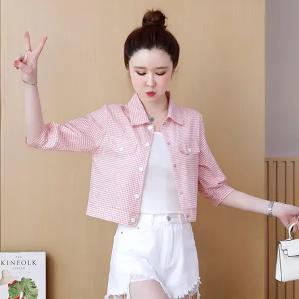 Lightweight Gingham Pattern Button-Up Mini Shirt Top