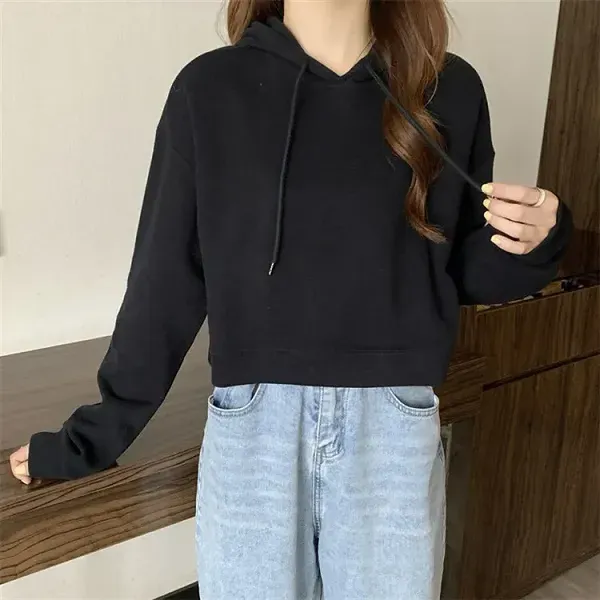 Casual Comfy Black Color Long Sleeves Winter Hoodie For Women
