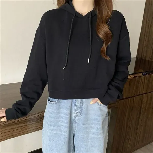 Casual Comfy Black Color Long Sleeves Winter Hoodie For Women