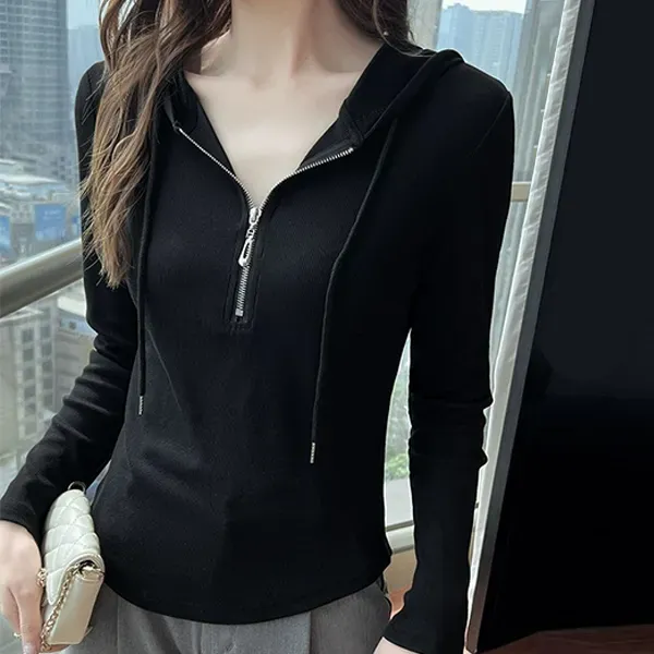 Thumbnail of Ribbed Zip Neck Hooded Long Sleeve Top