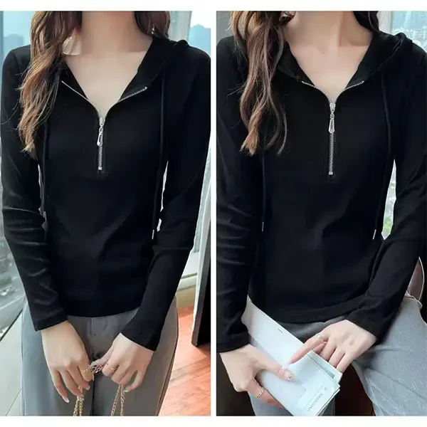 Ribbed Zip Neck Hooded Long Sleeve Top