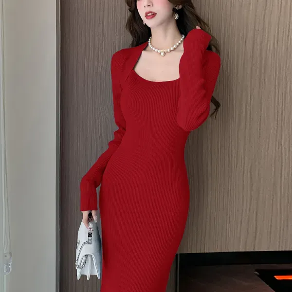 Square Neck Long Sleeve Ribbed Knit Dress