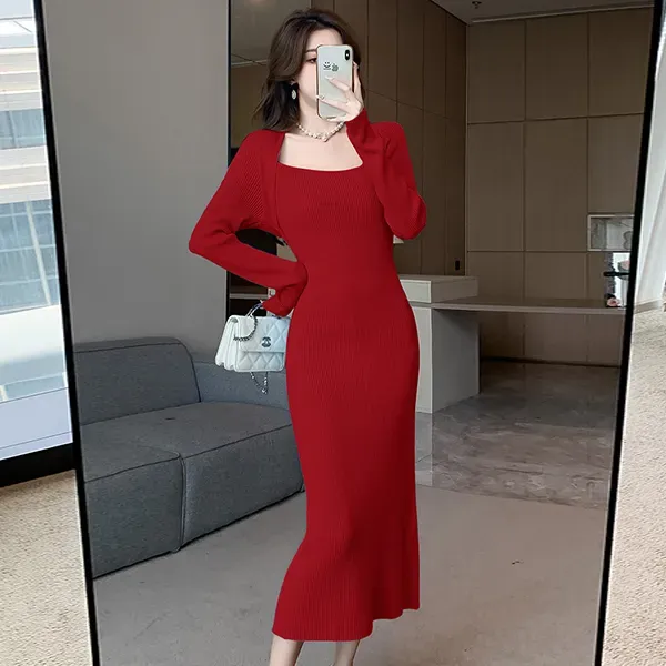 Square Neck Long Sleeve Ribbed Knit Dress