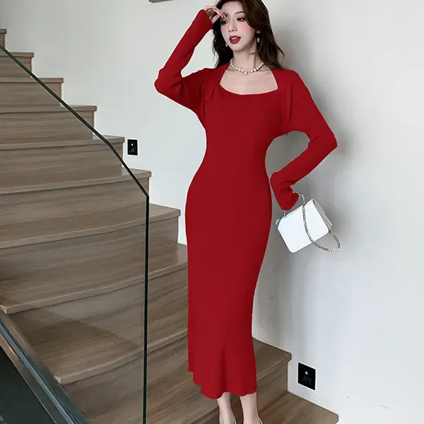 Thumbnail of Square Neck Long Sleeve Ribbed Knit Dress