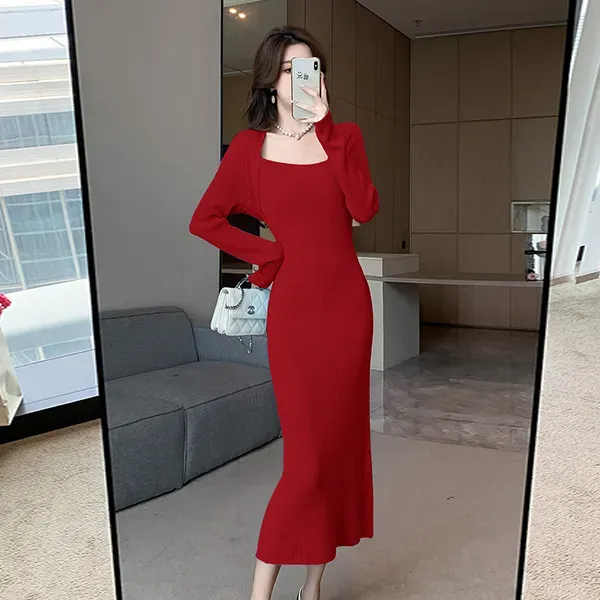 Square Neck Long Sleeve Ribbed Knit Dress