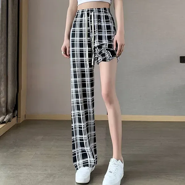 Stretchy Plaid Wide Leg Pants High Waist