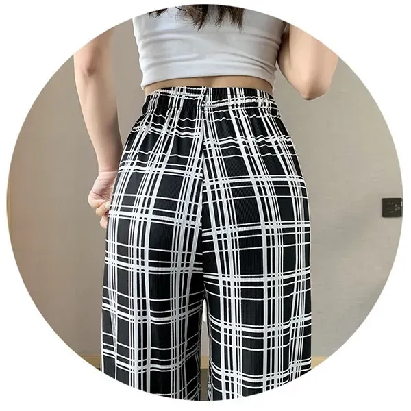 Stretchy Plaid Wide Leg Pants High Waist