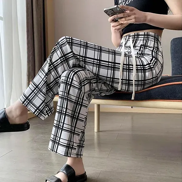 Stretchy Plaid Wide Leg Pants High Waist
