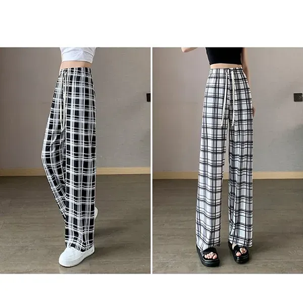 Stretchy Plaid Wide Leg Pants High Waist