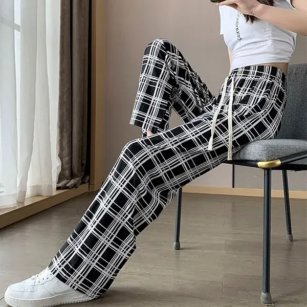 Stretchy Plaid Wide Leg Pants High Waist