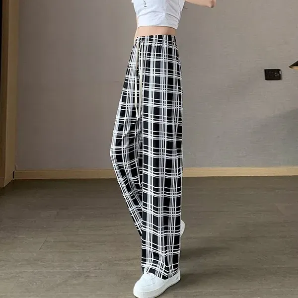 Stretchy Plaid Wide Leg Pants High Waist