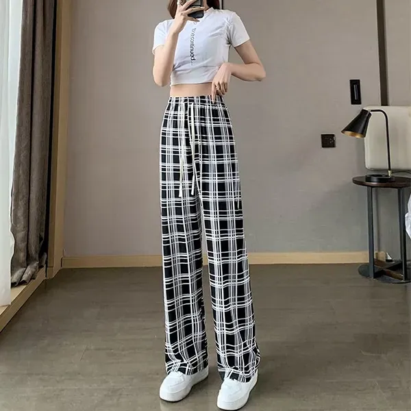 Stretchy Plaid Wide Leg Pants High Waist