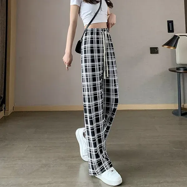 Stretchy Plaid Wide Leg Pants High Waist