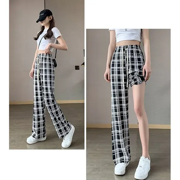 Stretchy Plaid Wide Leg Pants High Waist