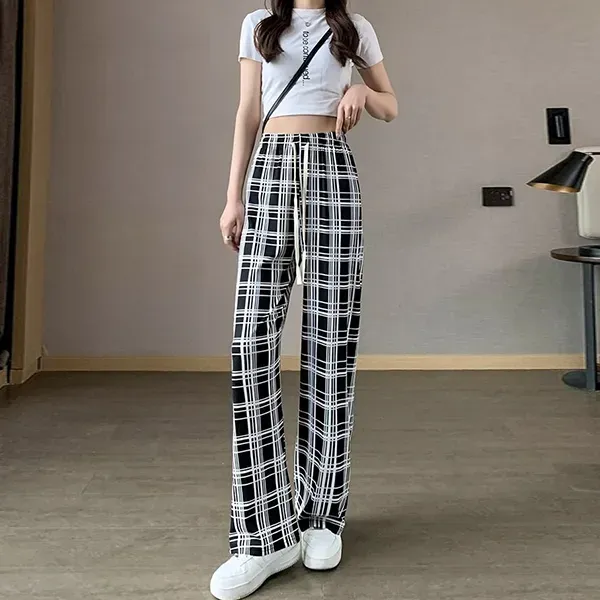 Stretchy Plaid Wide Leg Pants High Waist