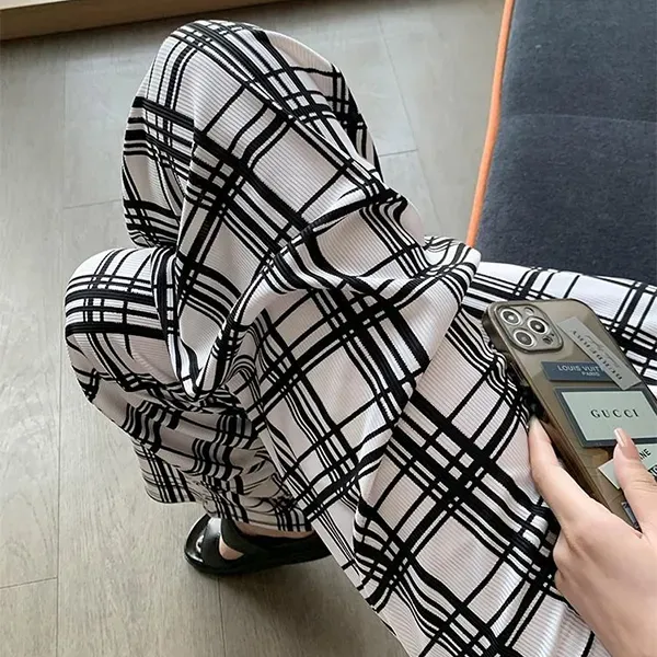 Stretchy Plaid Wide Leg Pants High Waist