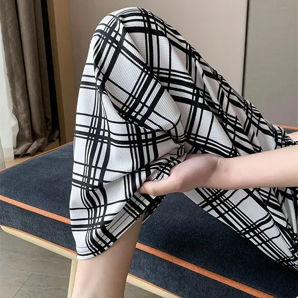 Stretchy Plaid Wide Leg Pants High Waist