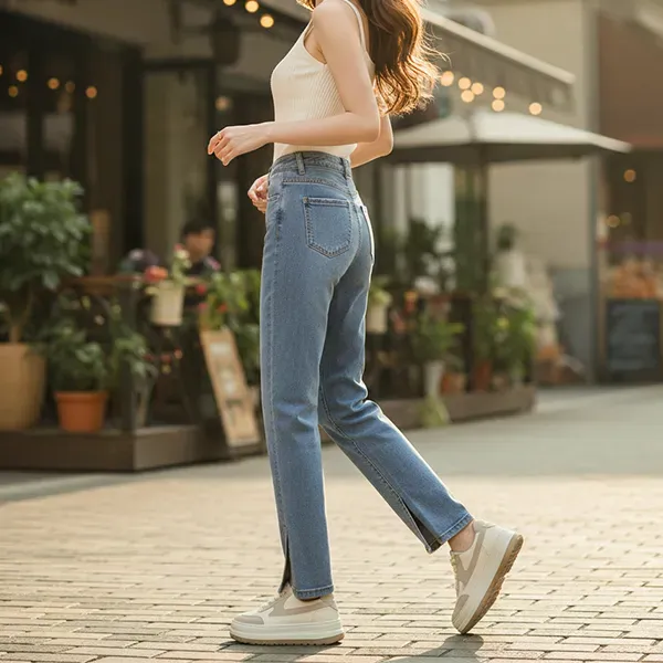 Blue High Waist Split Hem Straight Jeans