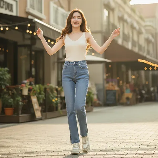 Blue High Waist Split Hem Straight Jeans