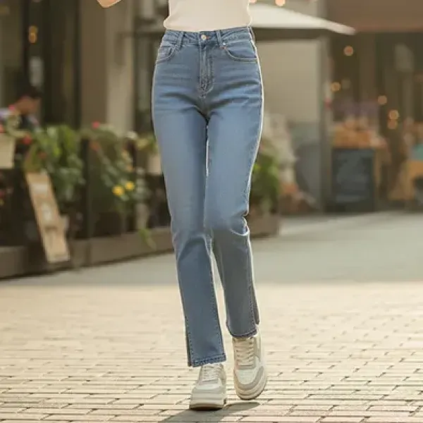 Blue High Waist Split Hem Straight Jeans