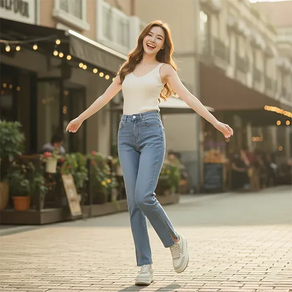 Blue High Waist Split Hem Straight Jeans