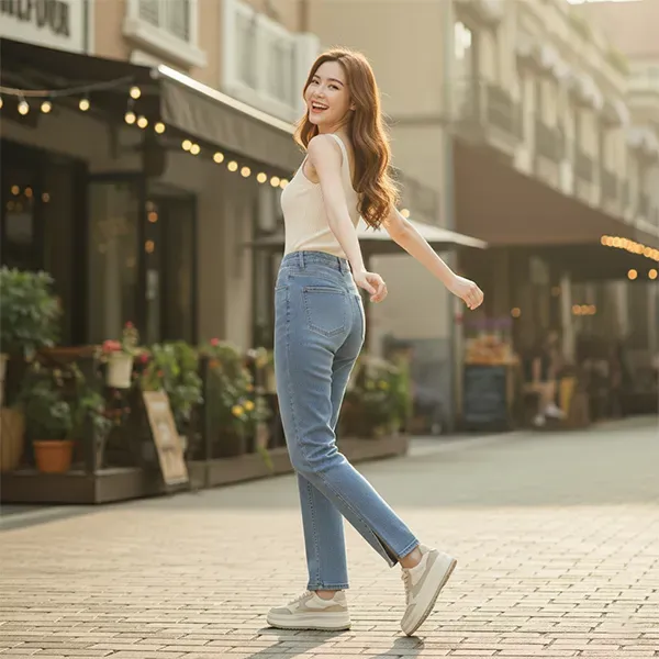 Blue High Waist Split Hem Straight Jeans