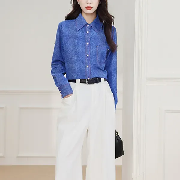 Chic Blue Color Button-Up Women Blouse Top