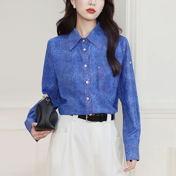 Chic Blue Color Button-Up Women Blouse Top