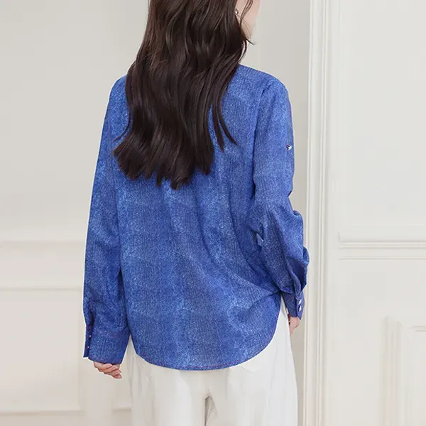 Chic Blue Color Button-Up Women Blouse Top
