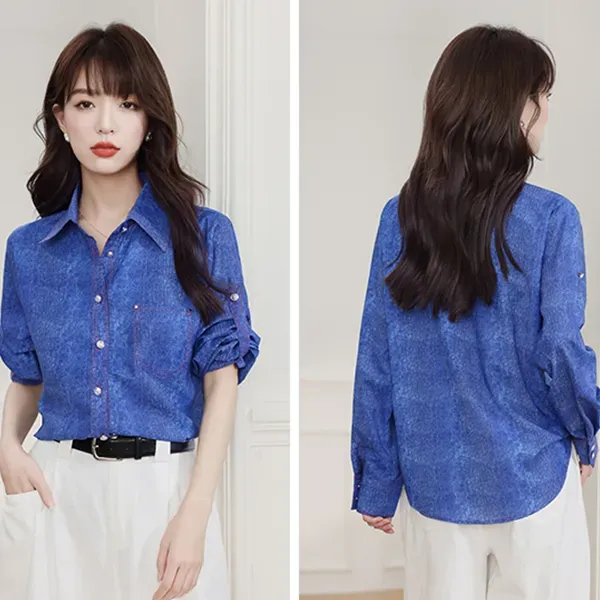 Chic Blue Color Button-Up Women Blouse Top