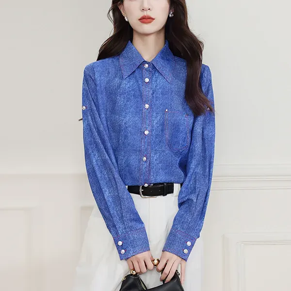 Chic Blue Color Button-Up Women Blouse Top