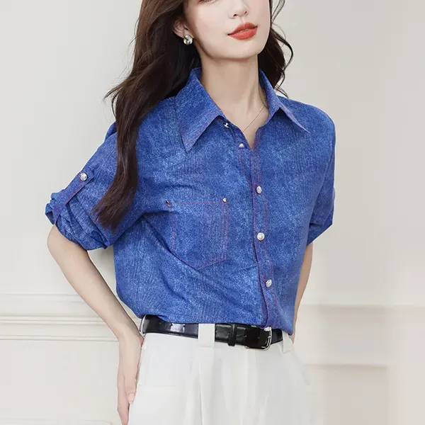 Chic Blue Color Button-Up Women Blouse Top