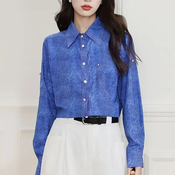 Thumbnail of Chic Blue Color Button-Up Women Blouse Top