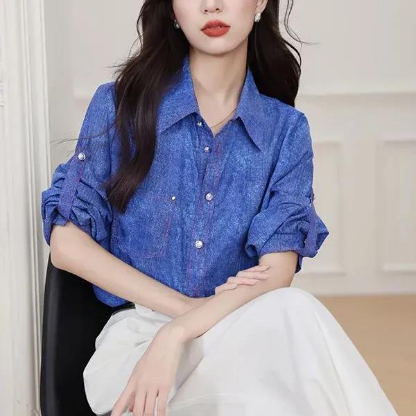 Thumbnail of Chic Blue Color Button-Up Women Blouse Top
