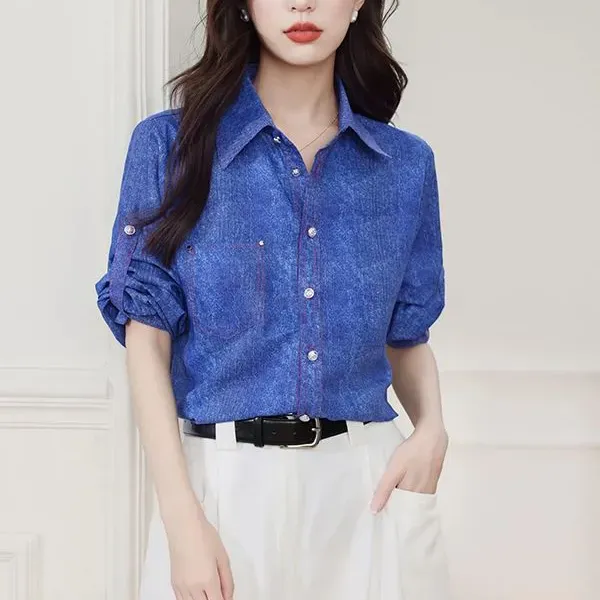 Thumbnail of Chic Blue Color Button-Up Women Blouse Top
